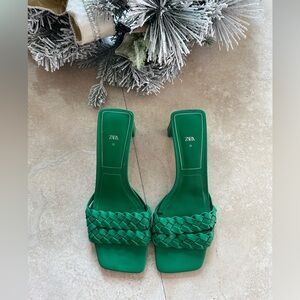 Zara Emerald Braided Square-Toe Block Heel Mules